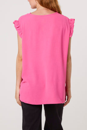Frill Sleeve Front Button V-Neck Top