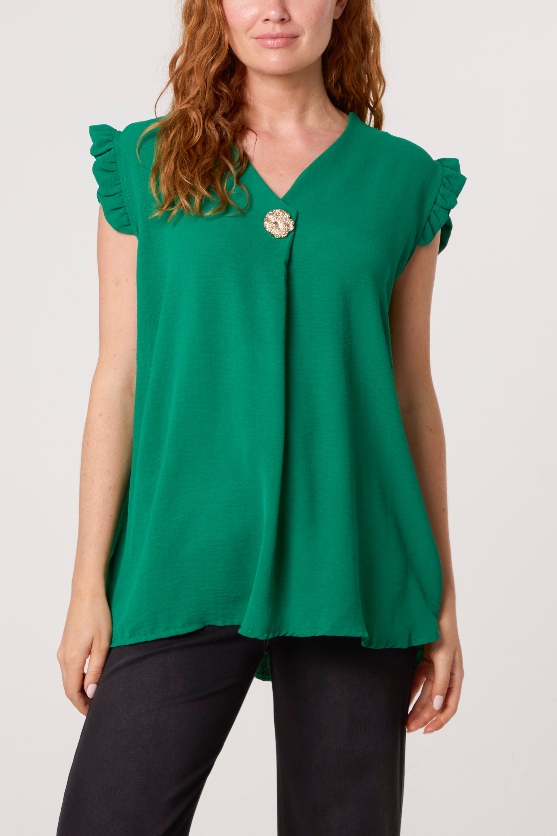 Frill Sleeve Front Button V-Neck Top