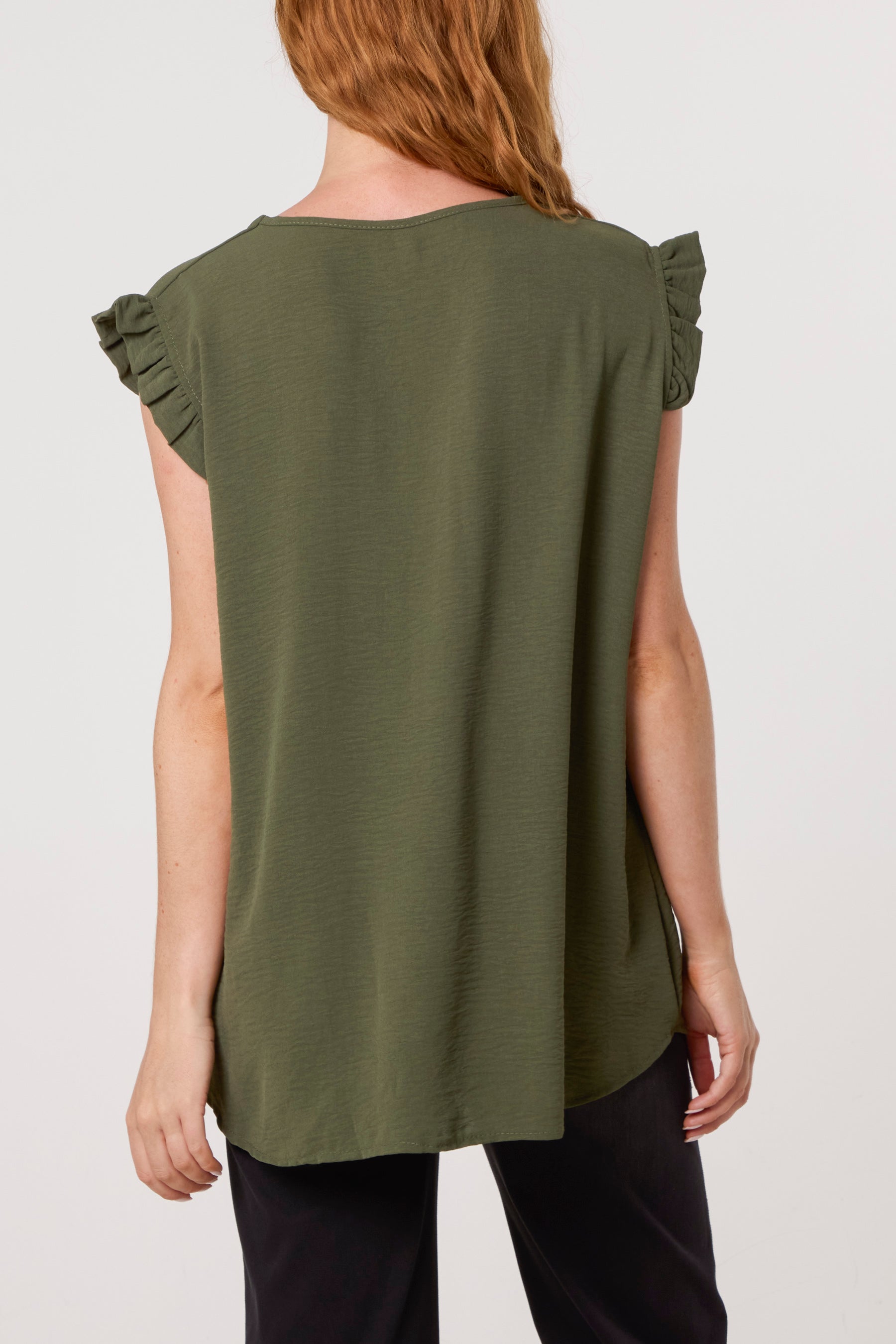 Frill Sleeve Front Button V-Neck Top