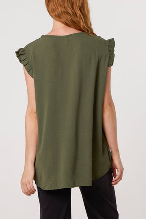 Frill Sleeve Front Button V-Neck Top