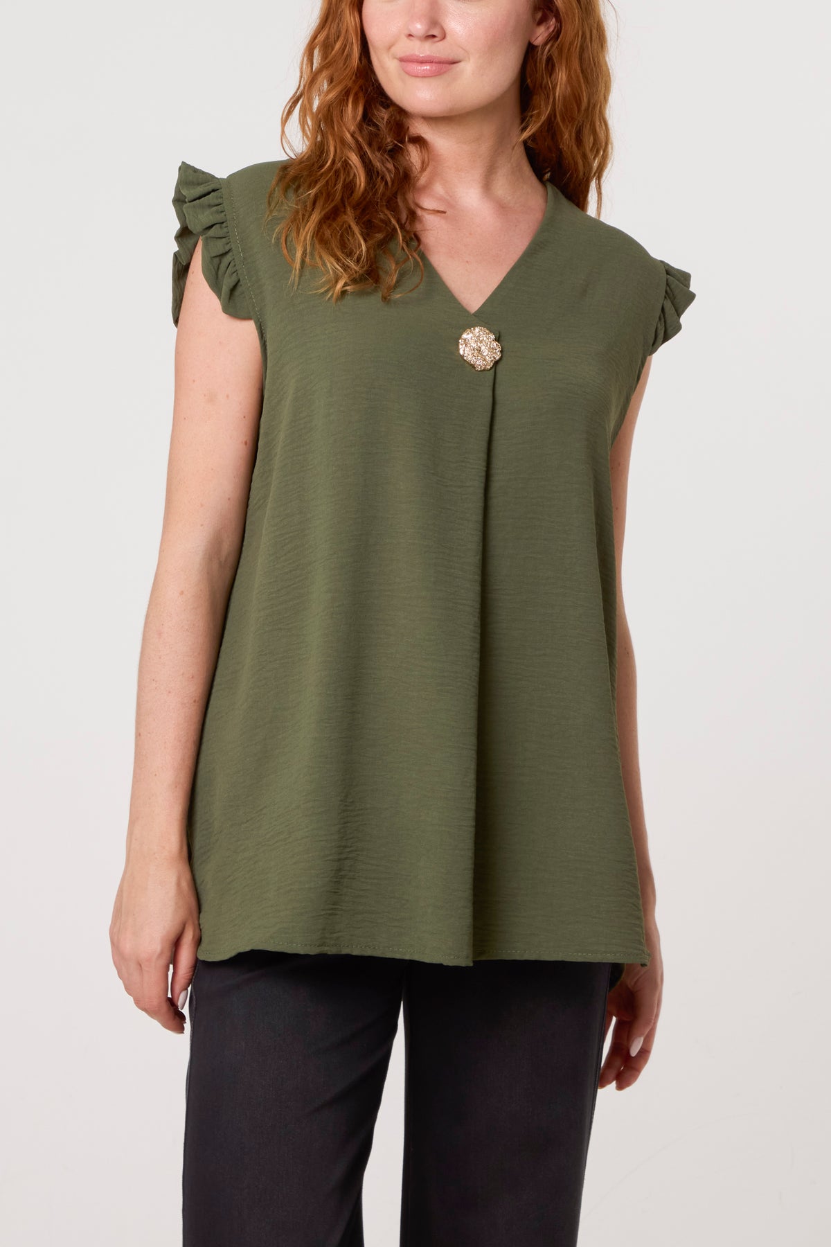 Frill Sleeve Front Button V-Neck Top