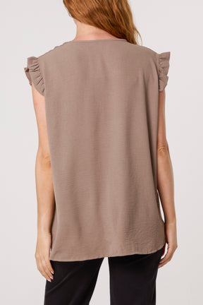 Frill Sleeve Front Button V-Neck Top