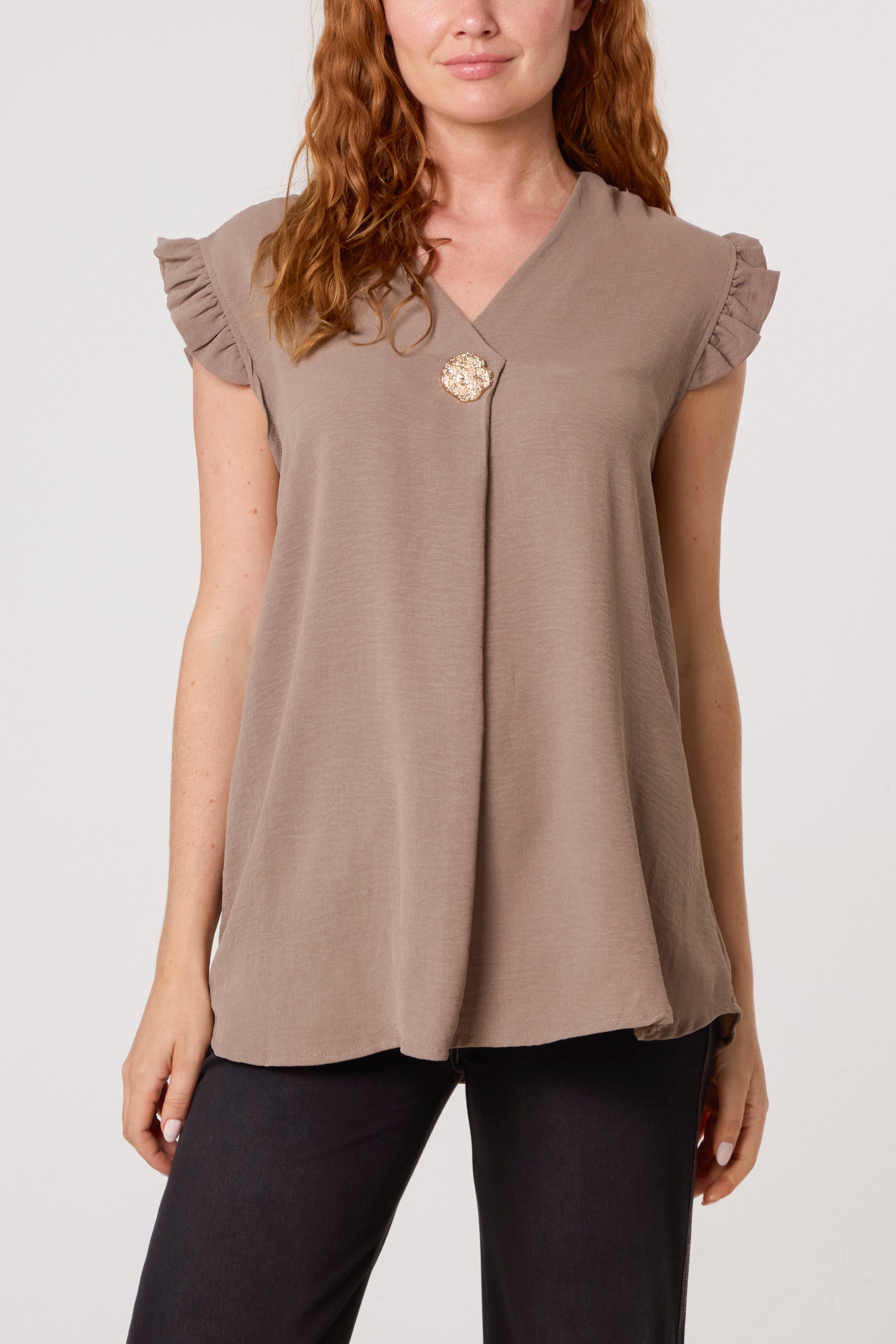 Frill Sleeve Front Button V-Neck Top