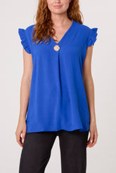 Frill Sleeve Front Button V-Neck Top
