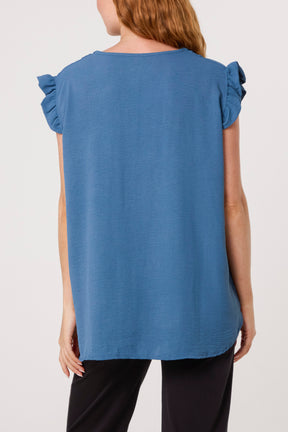Frill Sleeve Front Button V-Neck Top