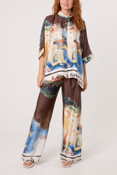 Landscape Print Two Piece Satin Set