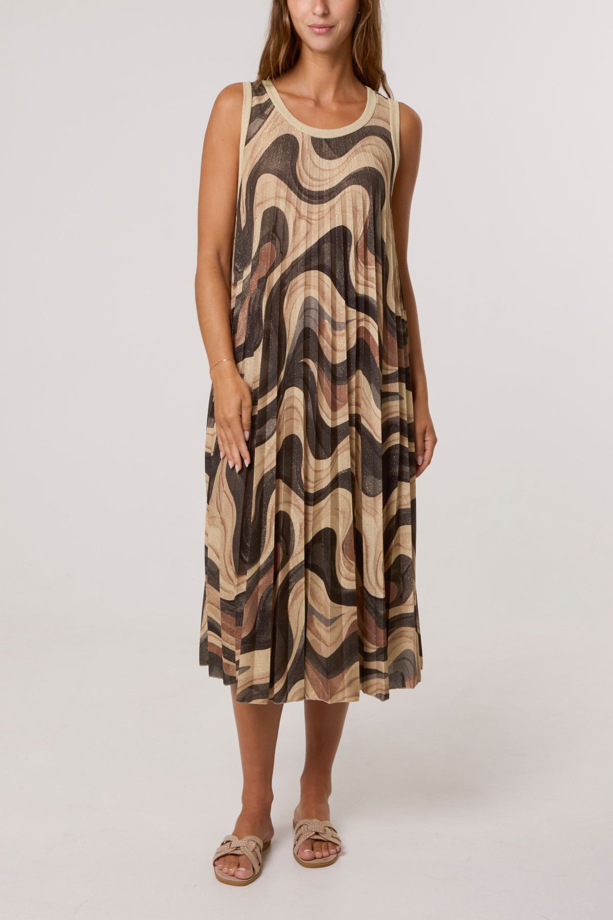 Lurex Wave Print Pleated Dress