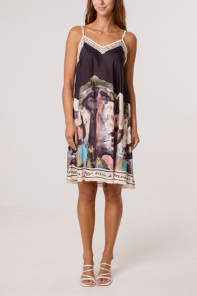 Satin Cami Border Print Mini Dress