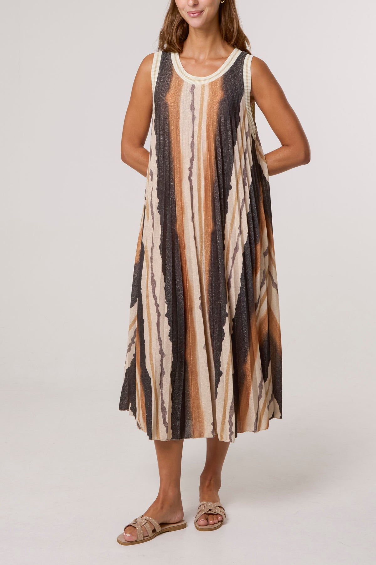 Pleated Lurex Vertical Stripe Dress