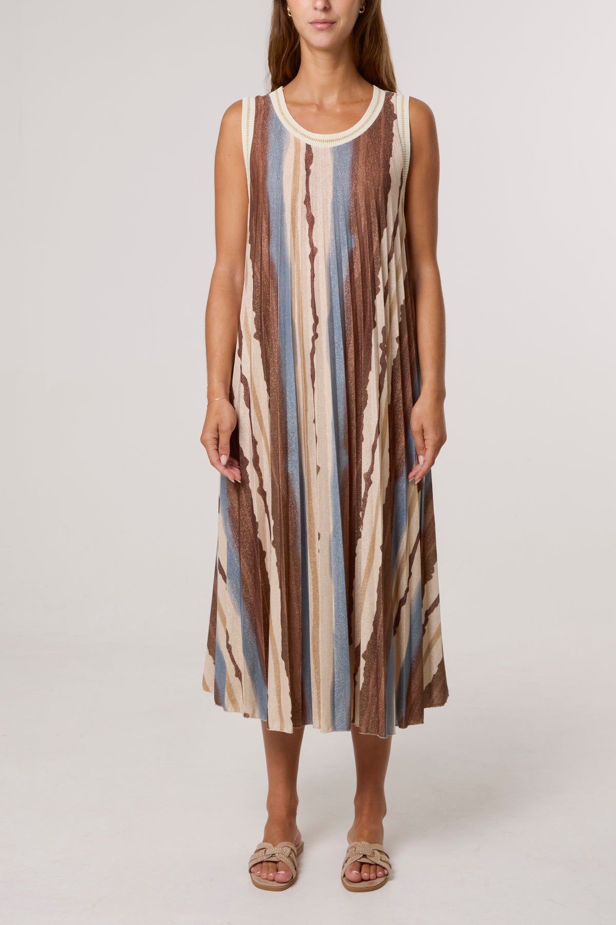 Pleated Lurex Vertical Stripe Dress