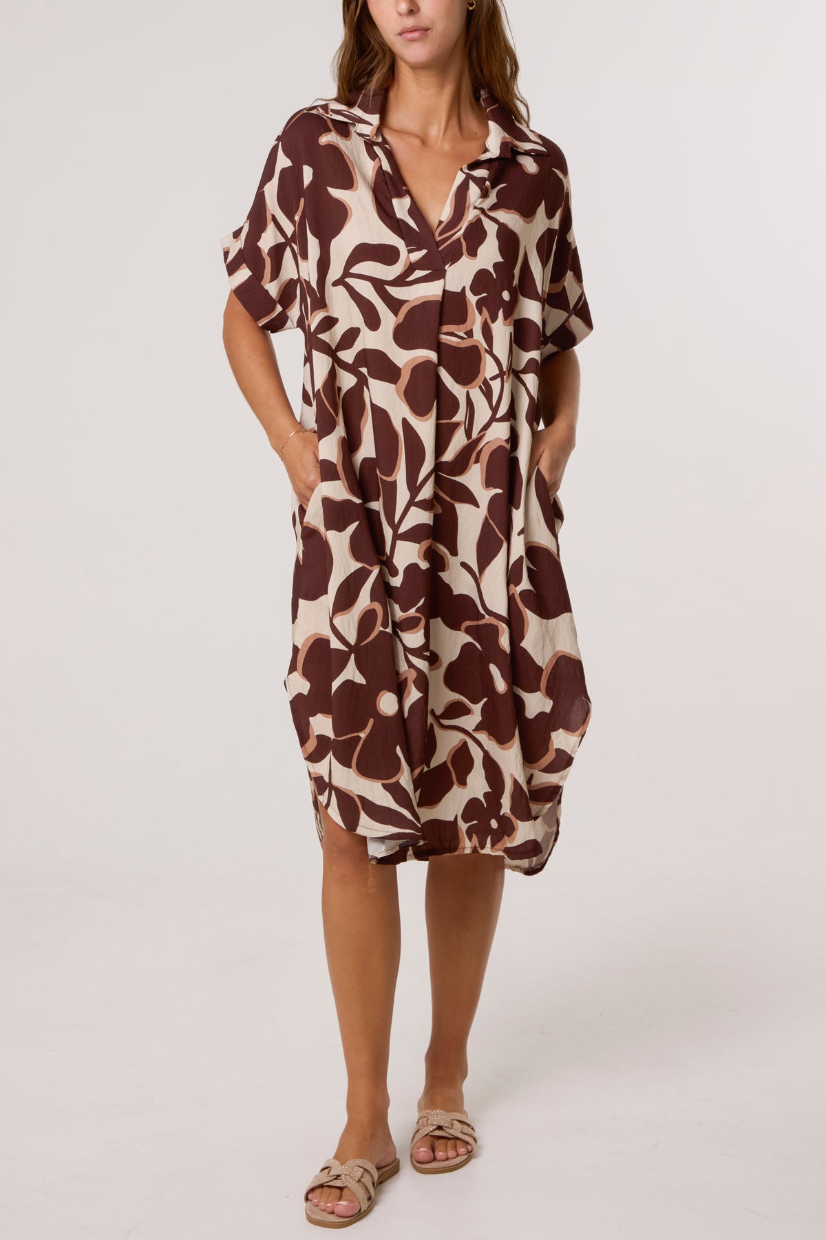 Leaf Print Collar Midi Dress