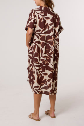 Leaf Print Collar Midi Dress