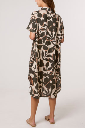 Leaf Print Collar Midi Dress