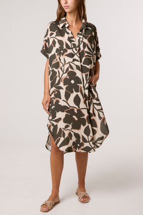 Leaf Print Collar Midi Dress