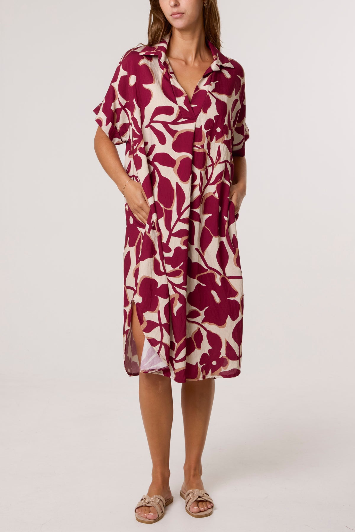 Leaf Print Collar Midi Dress