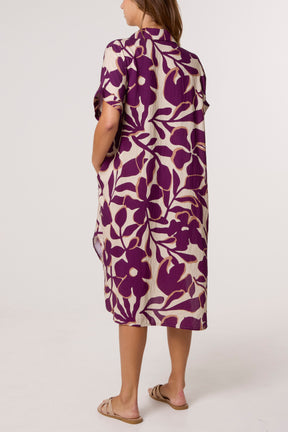 Leaf Print Collar Midi Dress