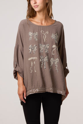 Diamante Animal Bows Long Sleeve Top