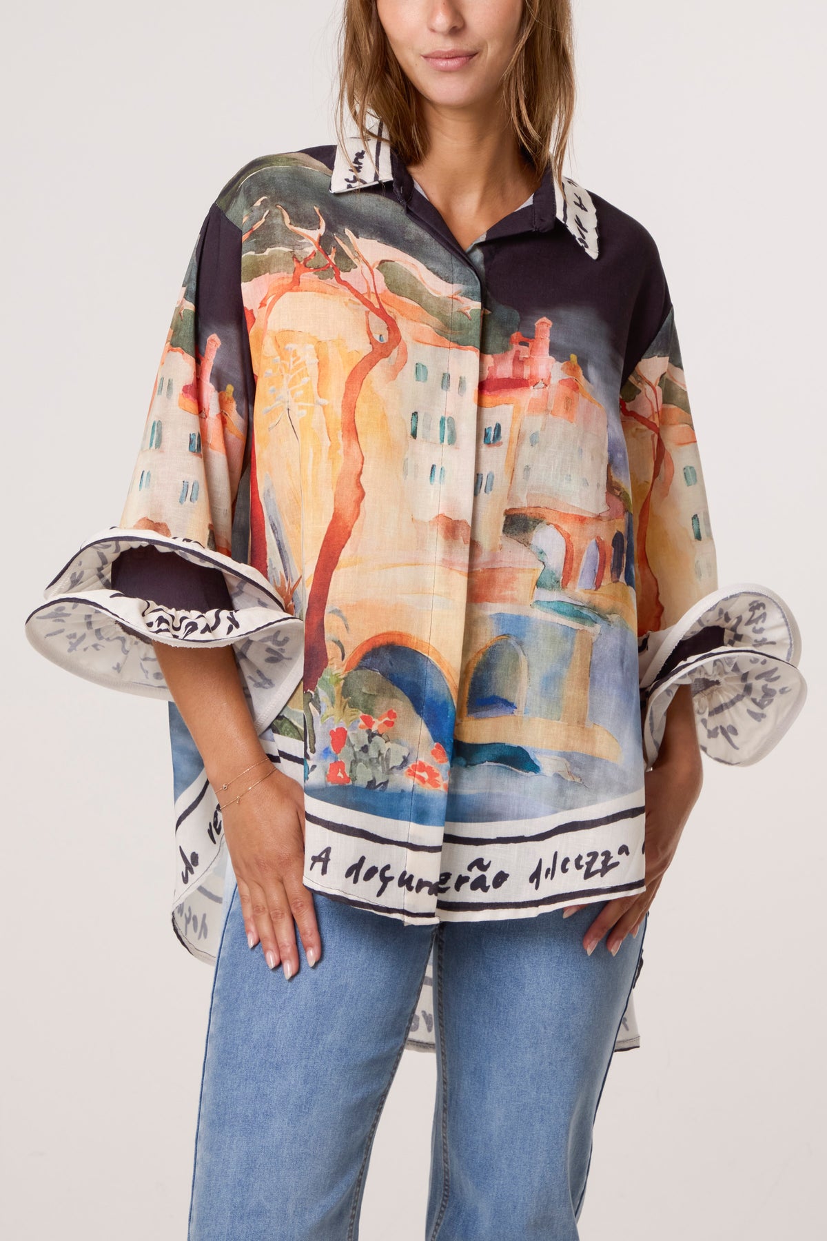 Landscape Print Frill Sleeve Shirt