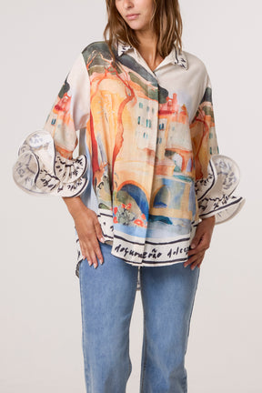 Landscape Print Frill Sleeve Shirt