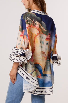 Landscape Print Frill Sleeve Shirt
