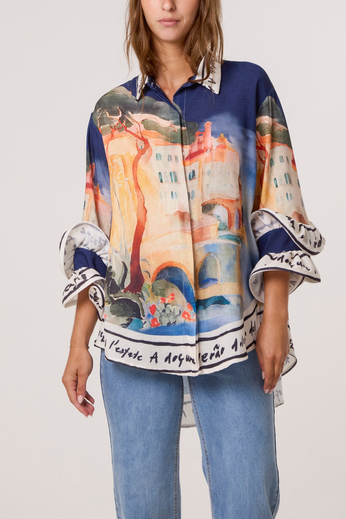 Landscape Print Frill Sleeve Shirt