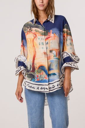 Landscape Print Frill Sleeve Shirt