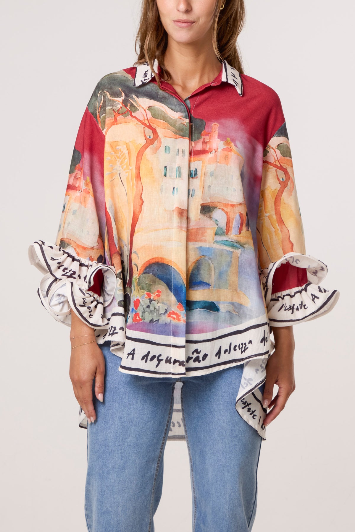 Landscape Print Frill Sleeve Shirt