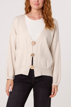 Gold Broch Puffball Sleeve Cardigan
