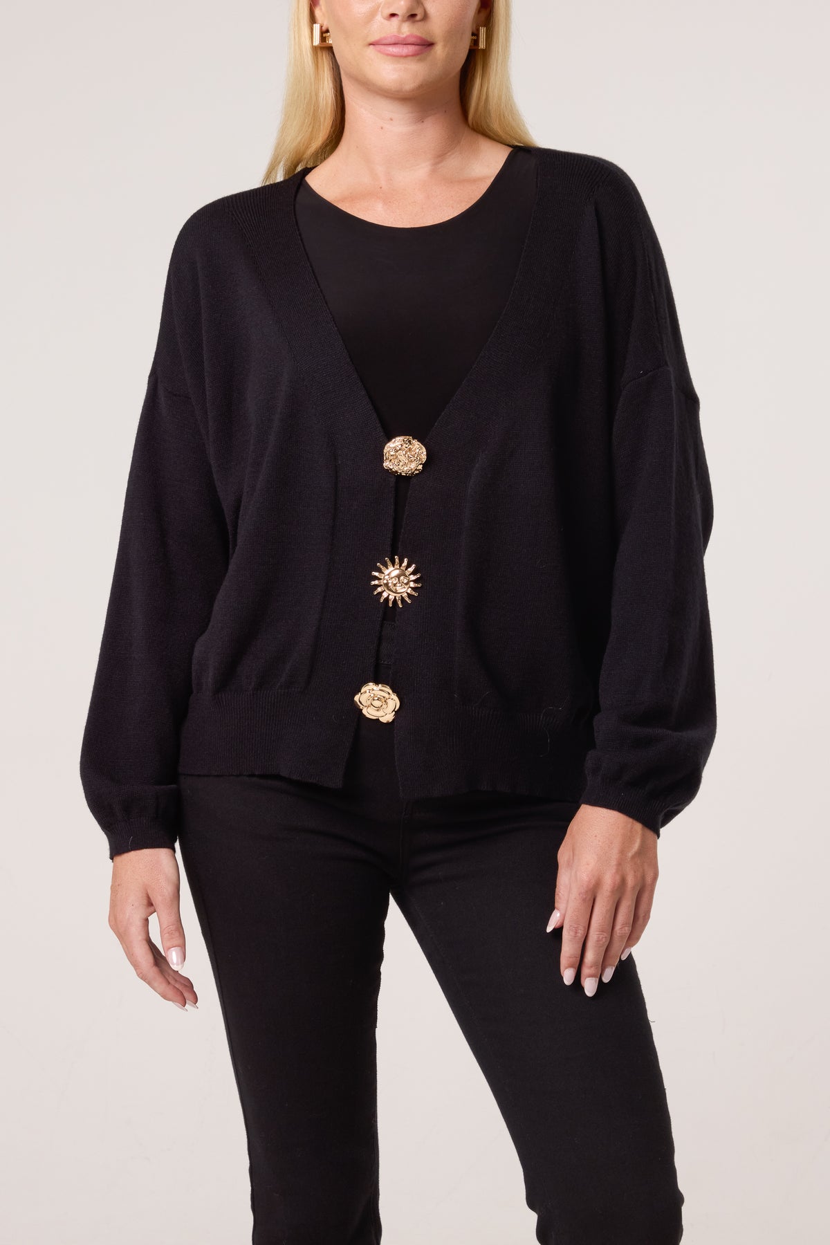 Gold Broch Puffball Sleeve Cardigan