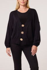 Gold Broch Puffball Sleeve Cardigan