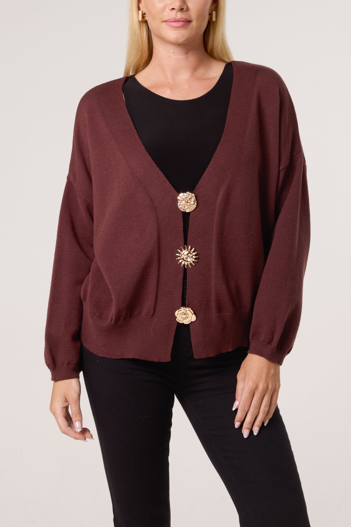 Gold Broch Puffball Sleeve Cardigan