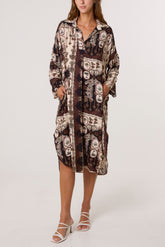 Patchwork Collar Pockets Midi Dress