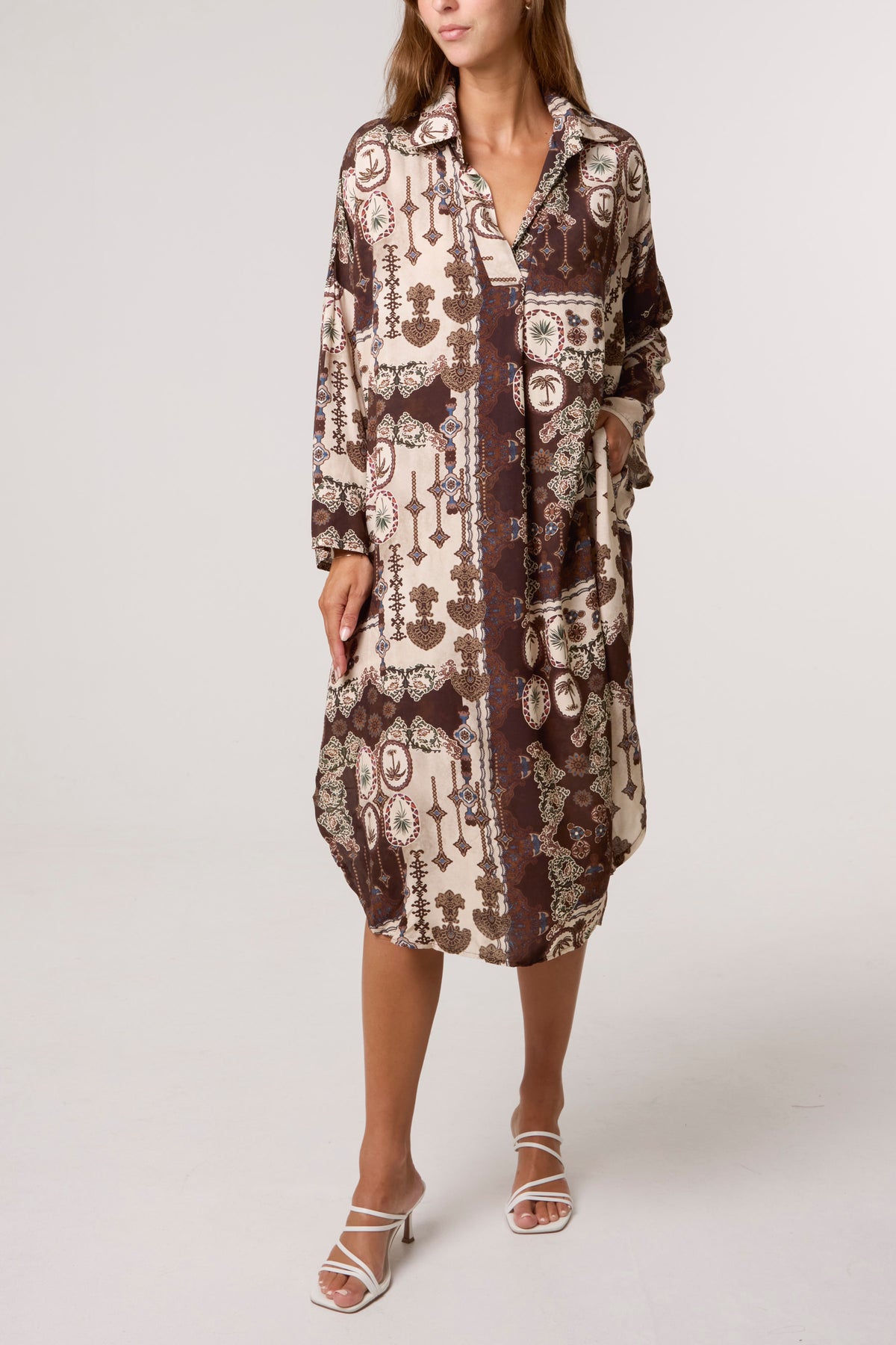 Patchwork Collar Pockets Midi Dress