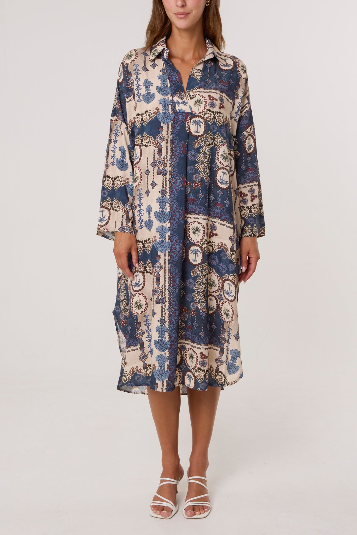 Patchwork Collar Pockets Midi Dress
