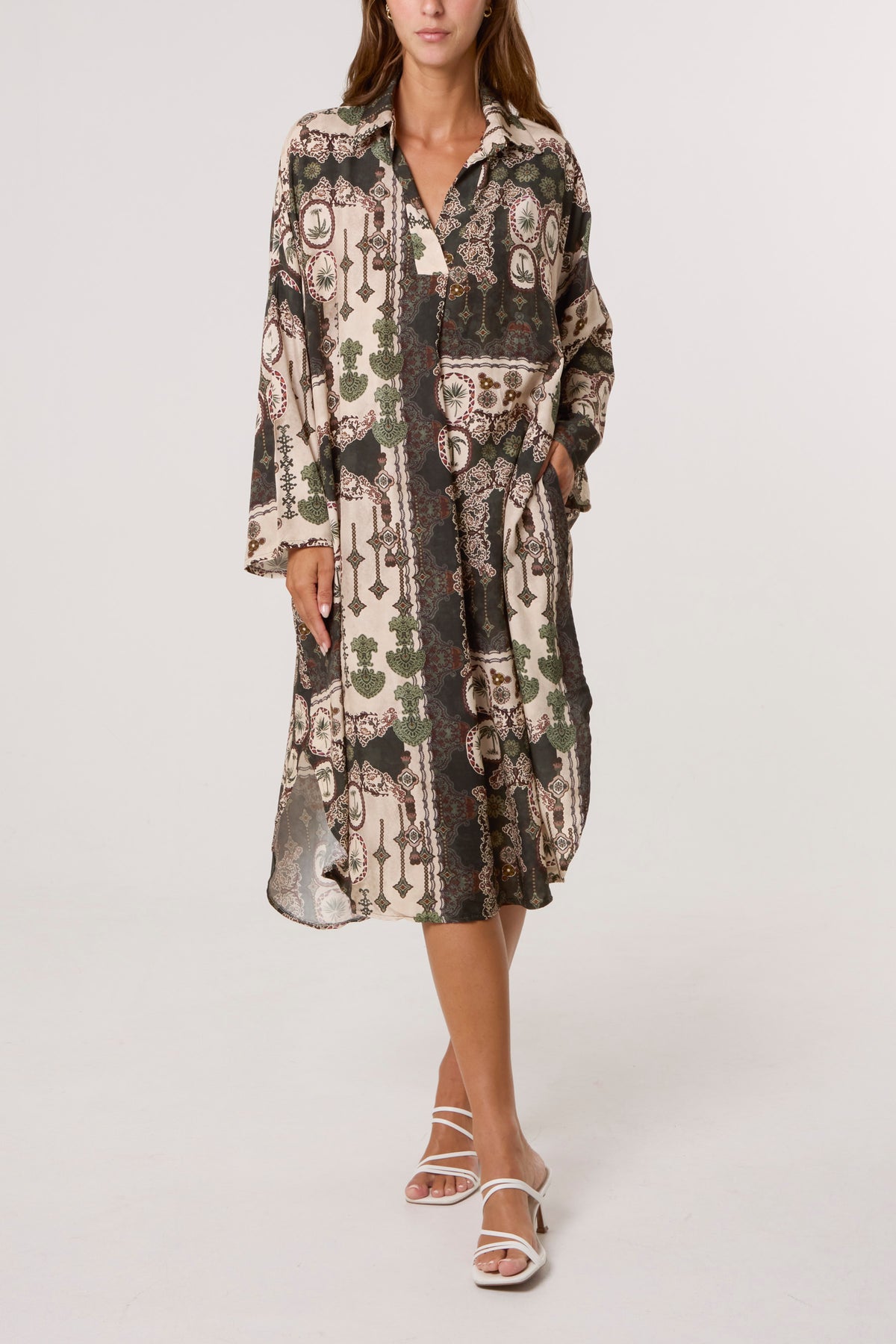 Patchwork Collar Pockets Midi Dress