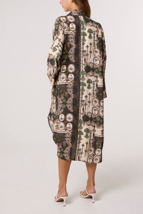 Patchwork Collar Pockets Midi Dress