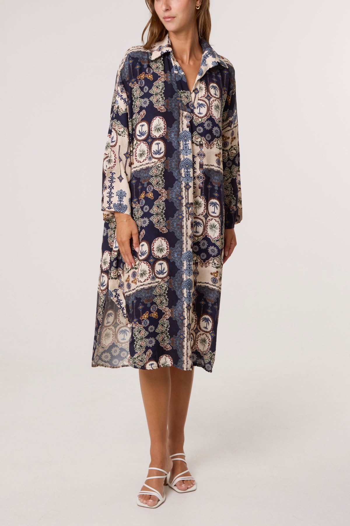 Patchwork Collar Pockets Midi Dress