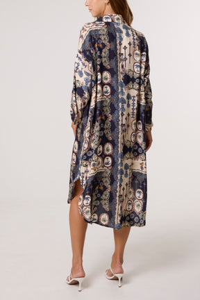 Patchwork Collar Pockets Midi Dress