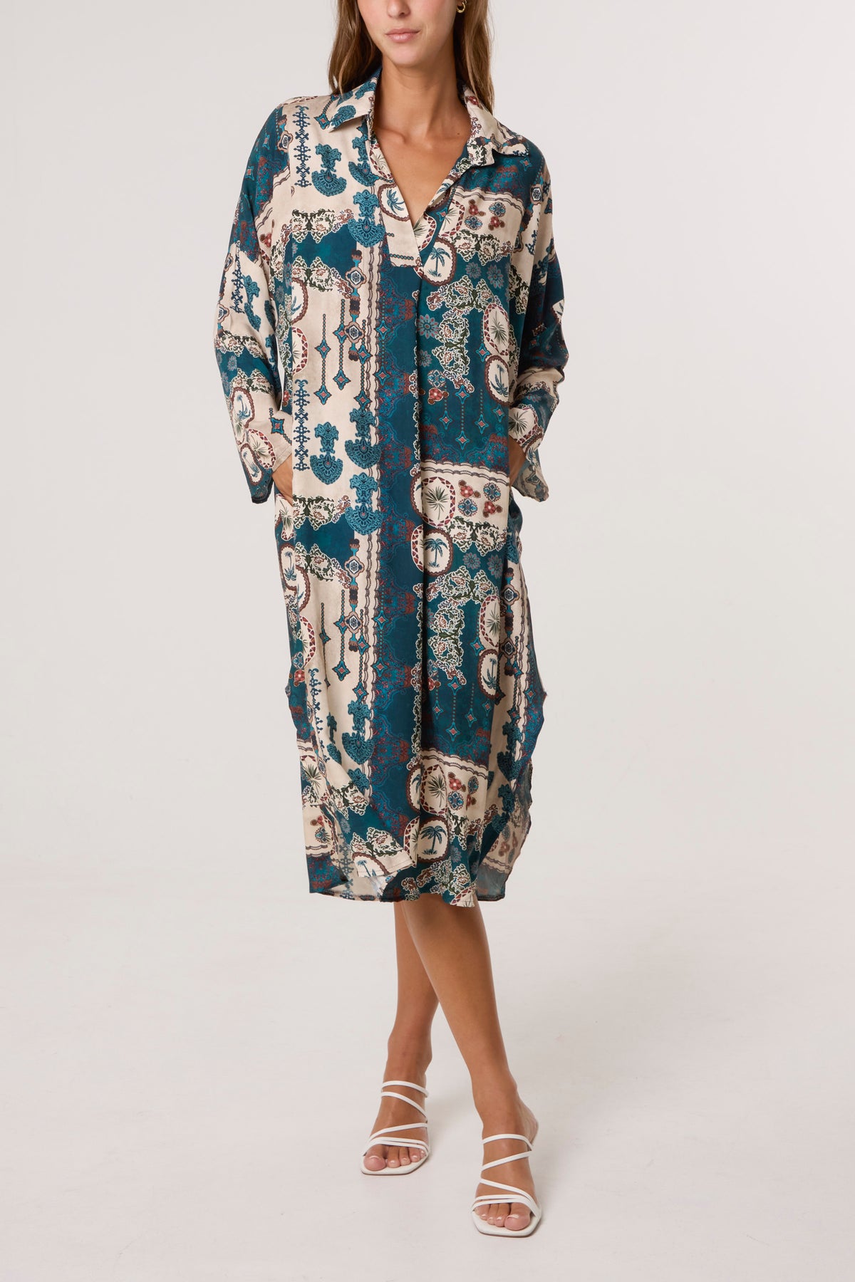 Patchwork Collar Pockets Midi Dress