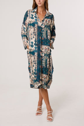 Patchwork Collar Pockets Midi Dress