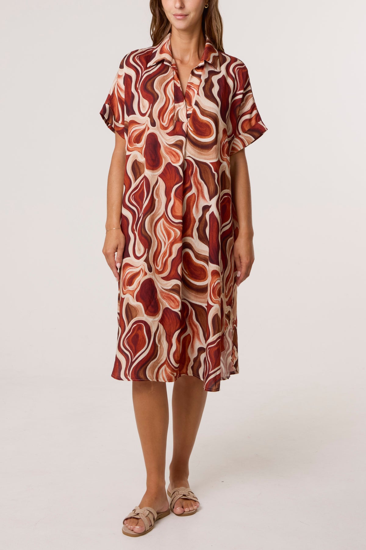 Swirl Collar Pockets Midi Dress
