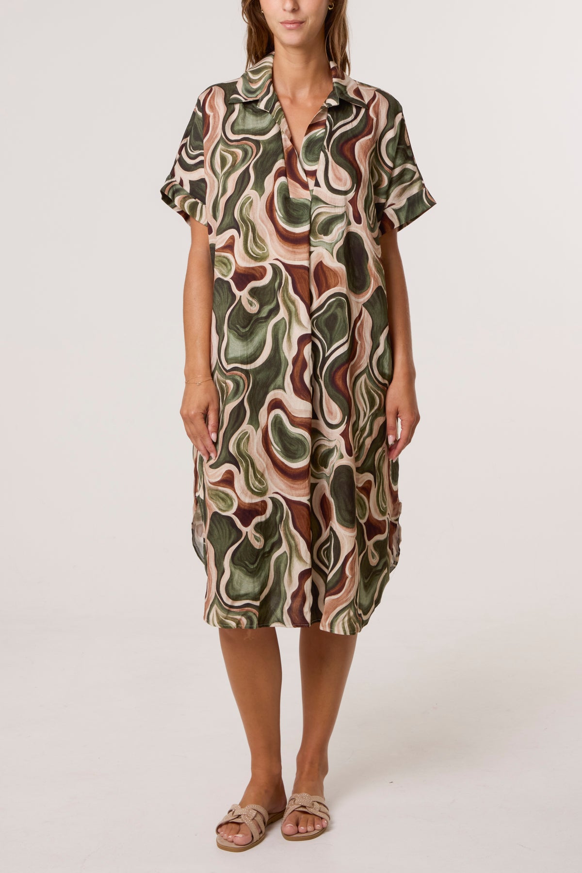 Swirl Collar Pockets Midi Dress