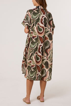 Swirl Collar Pockets Midi Dress
