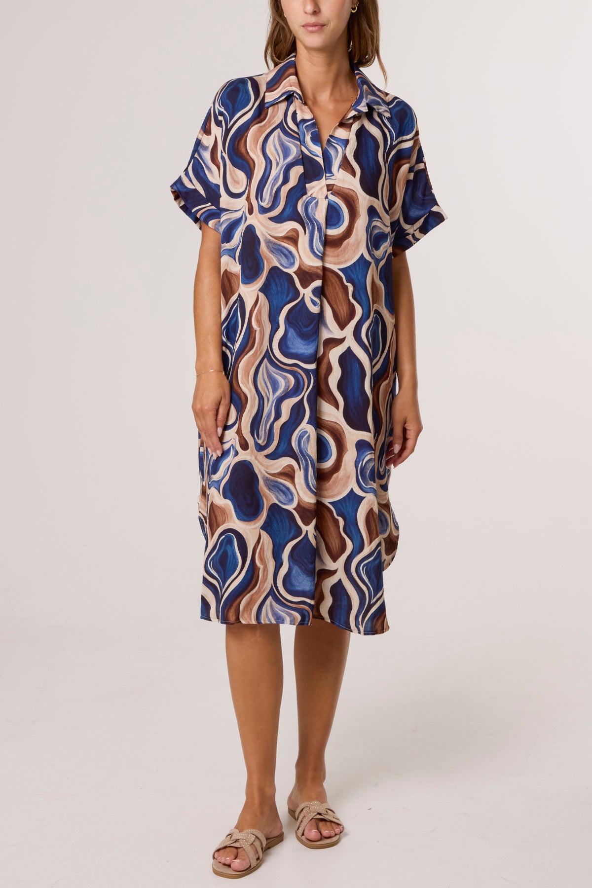 Swirl Collar Pockets Midi Dress