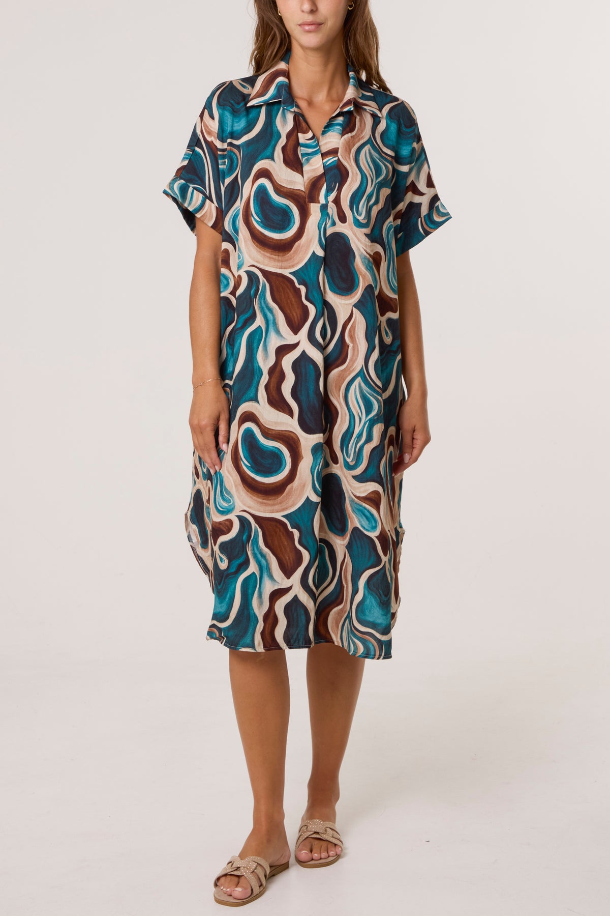 Swirl Collar Pockets Midi Dress