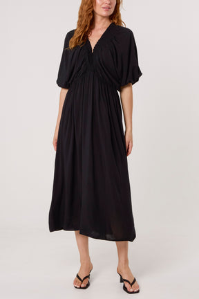 Elasticated Neck Crushed Midi Dress