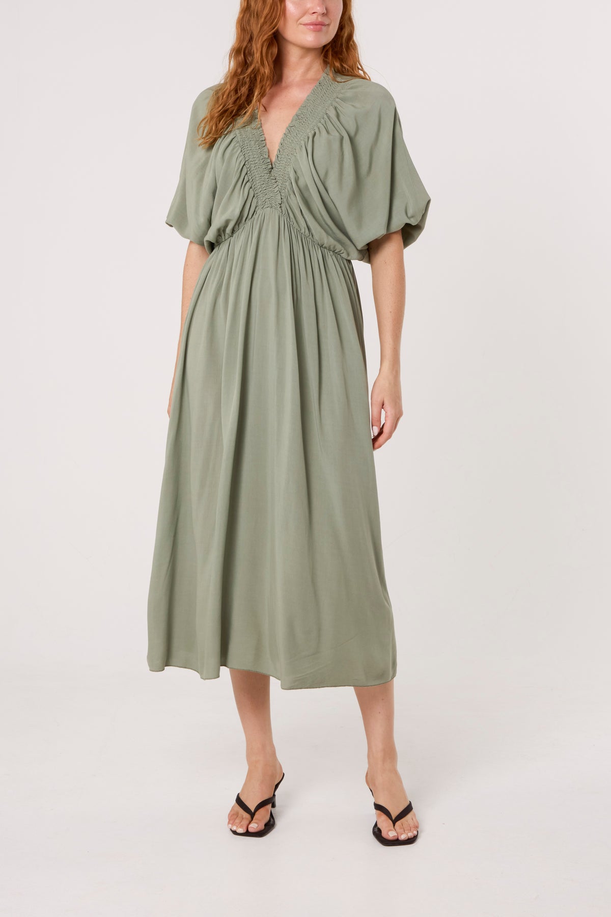 Elasticated Neck Crushed Midi Dress