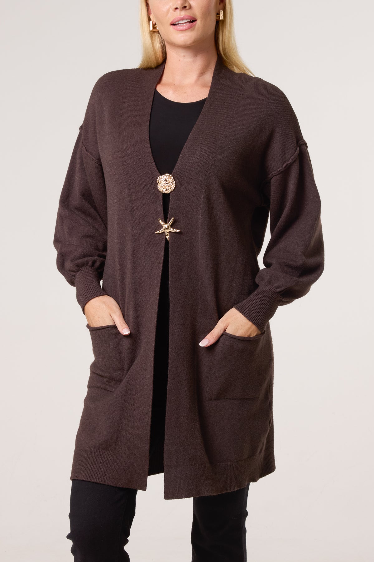 Longline Broch Detail Pockets Cardigan