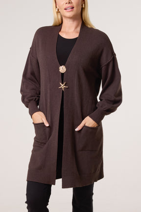 Longline Broch Detail Pockets Cardigan