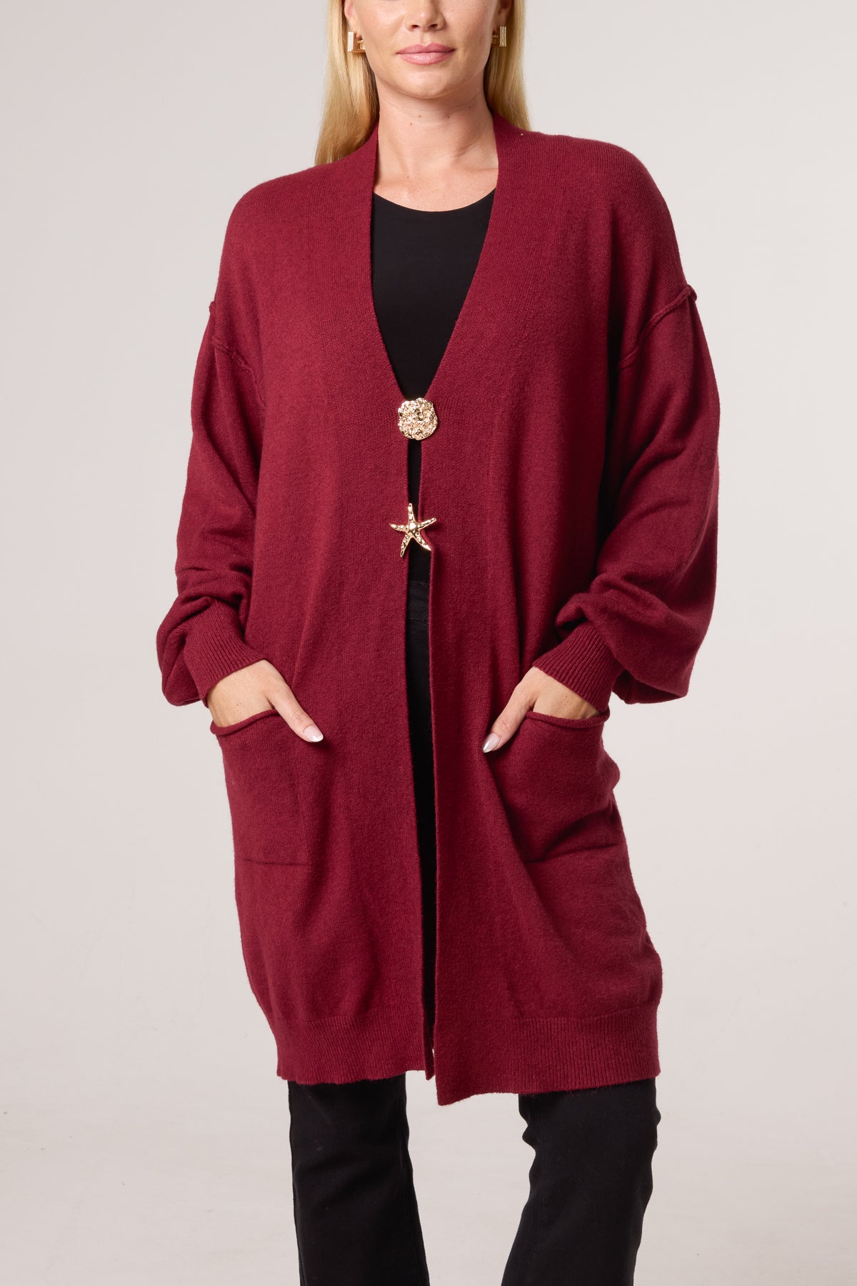 Longline Broch Detail Pockets Cardigan